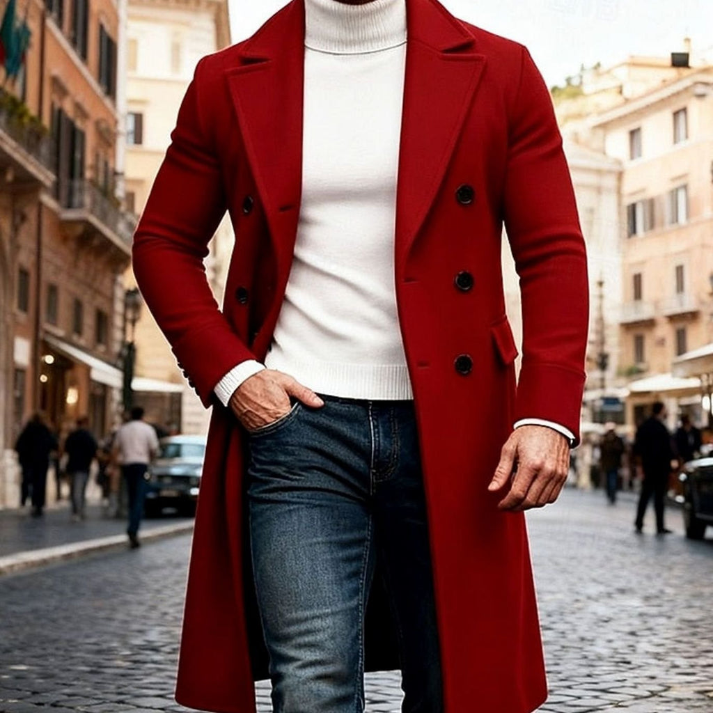 Men's Double-Breasted Wool Overcoat - Tailored Long Coat