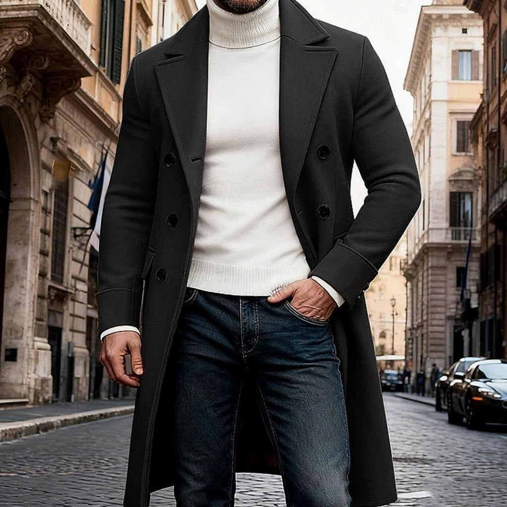 Men's Double-Breasted Wool Overcoat - Tailored Long Coat