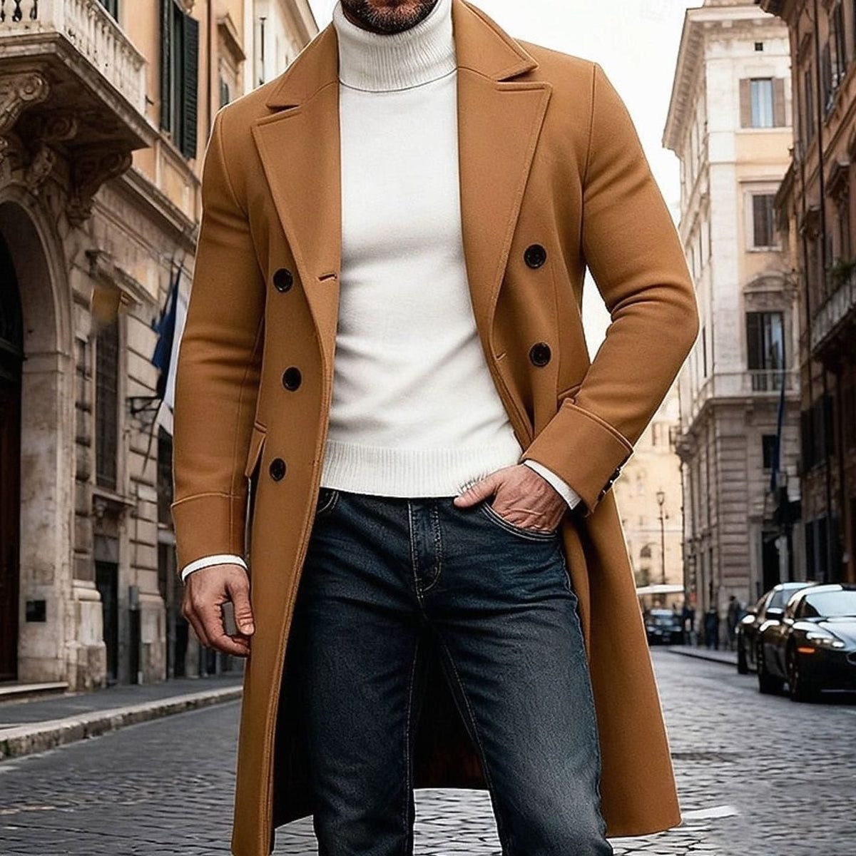 Men's Double-Breasted Wool Overcoat - Tailored Long Coat