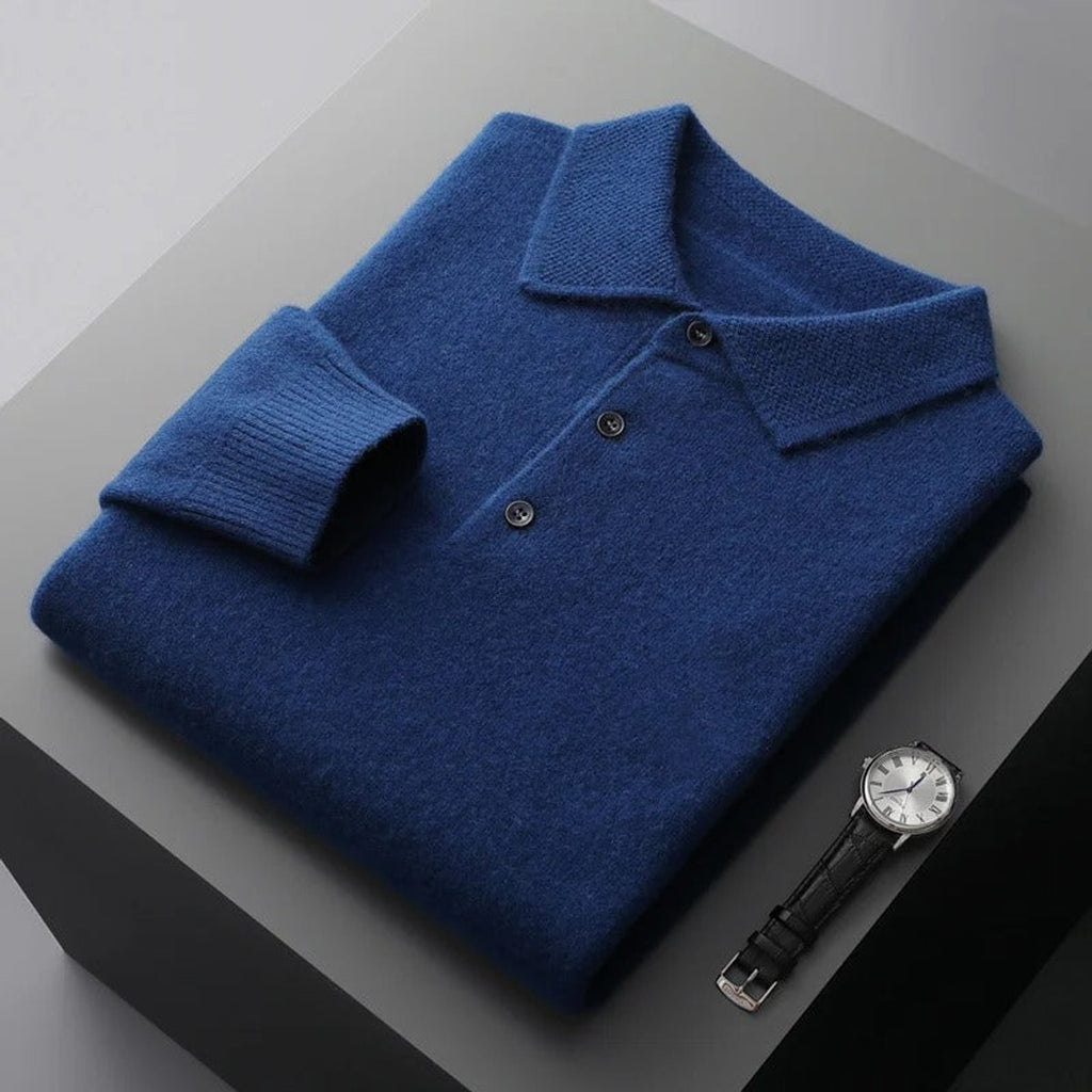 Men's Long-Sleeve Cashmere Jumper with Button-Down Polo Collar