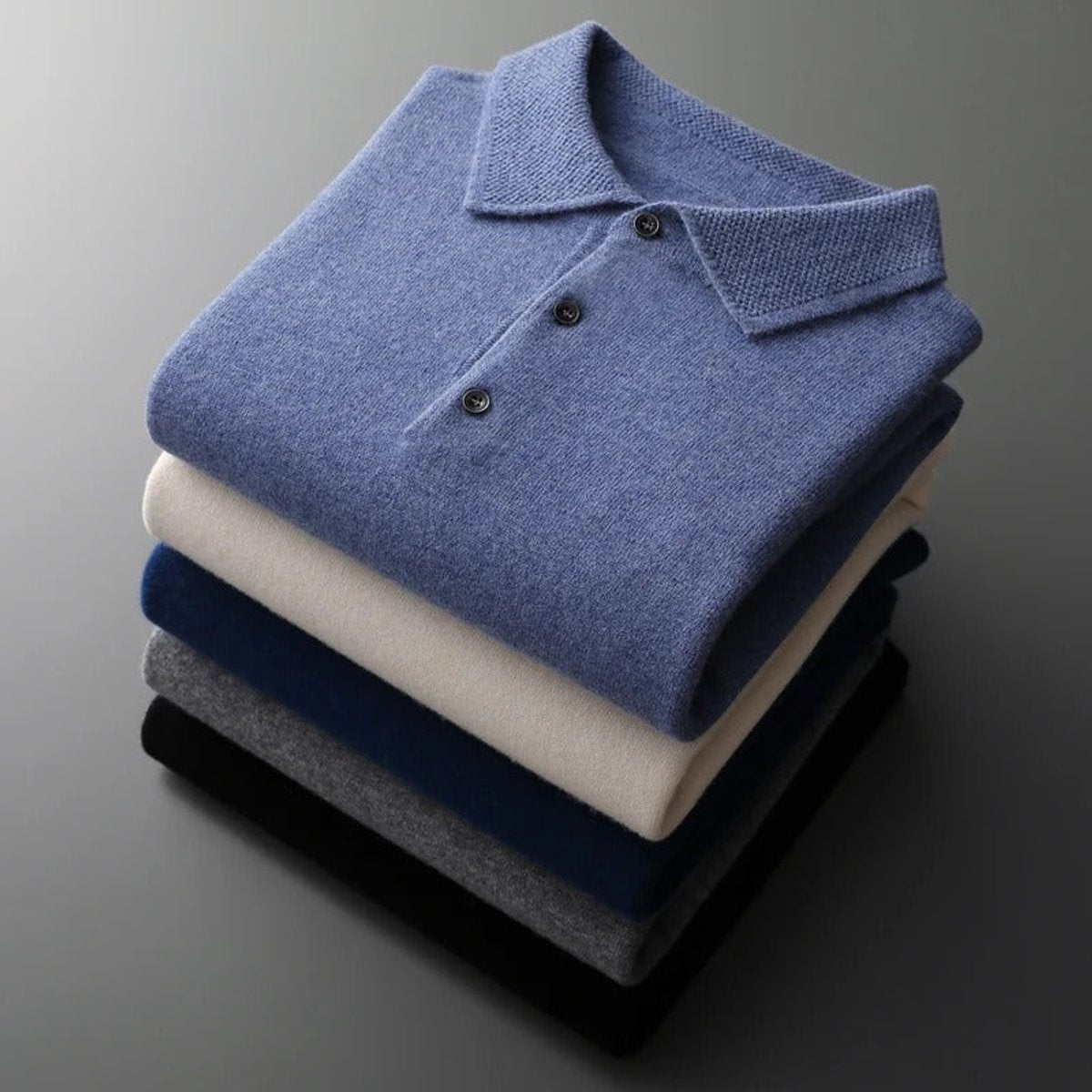 Men's Long-Sleeve Cashmere Jumper with Button-Down Polo Collar