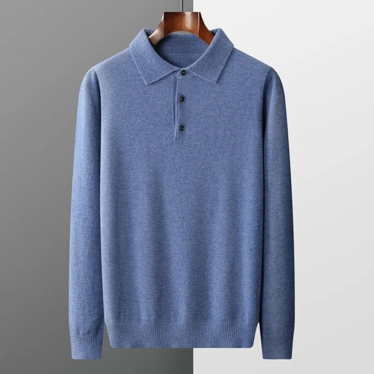 Men's Long-Sleeve Cashmere Jumper with Button-Down Polo Collar