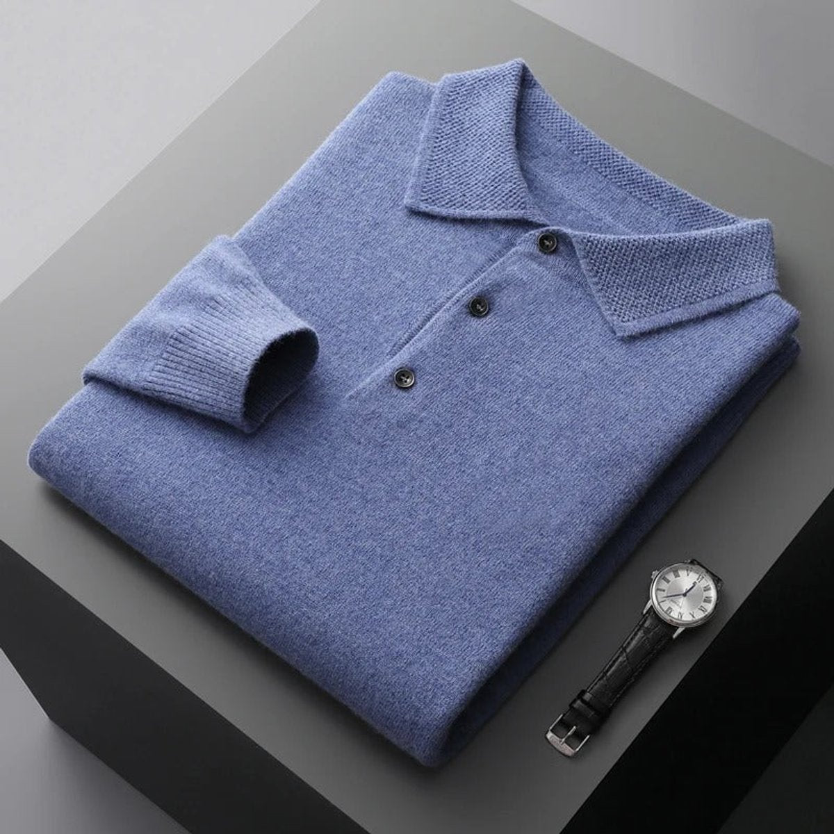 Men's Long-Sleeve Cashmere Jumper with Button-Down Polo Collar