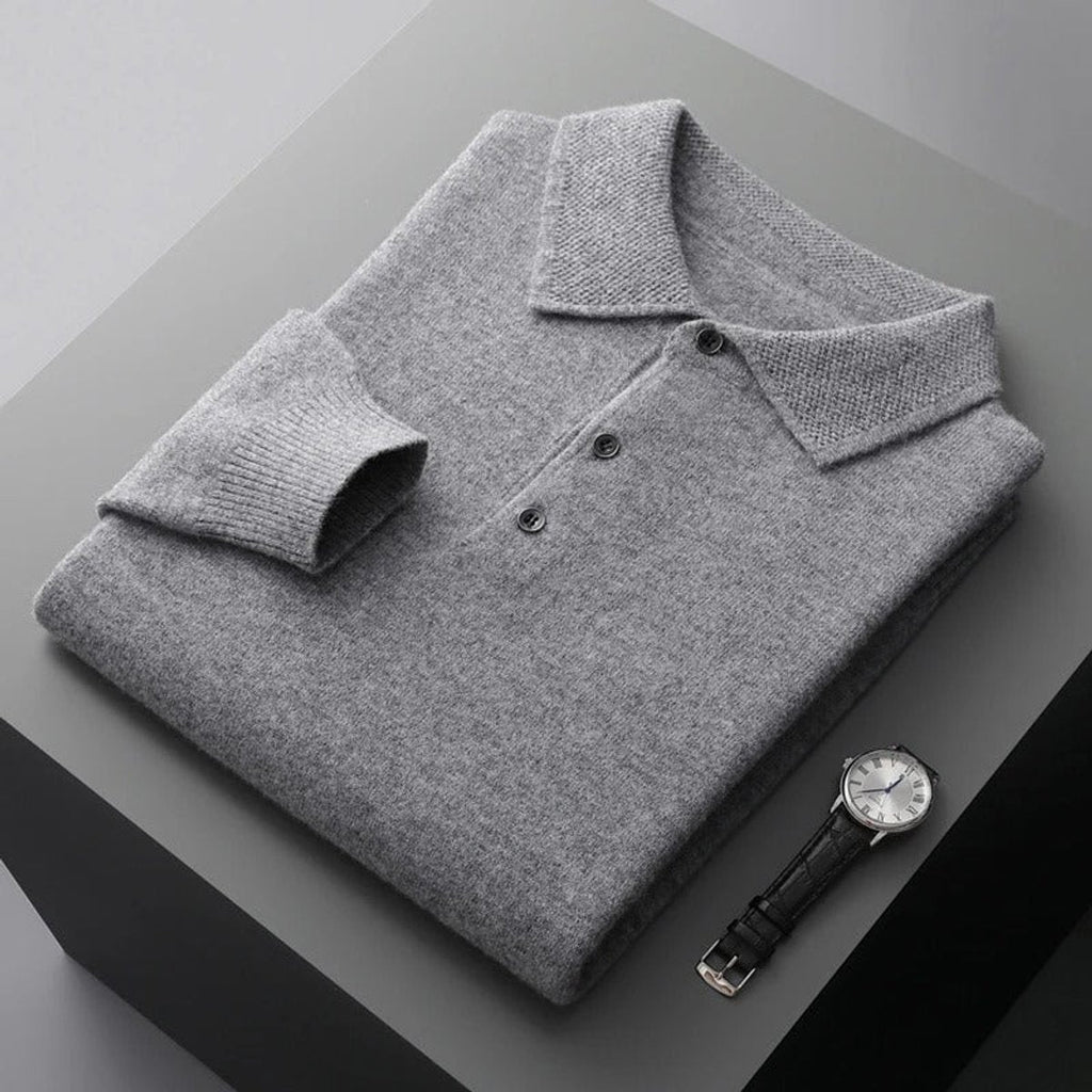 Men's Long-Sleeve Cashmere Jumper with Button-Down Polo Collar