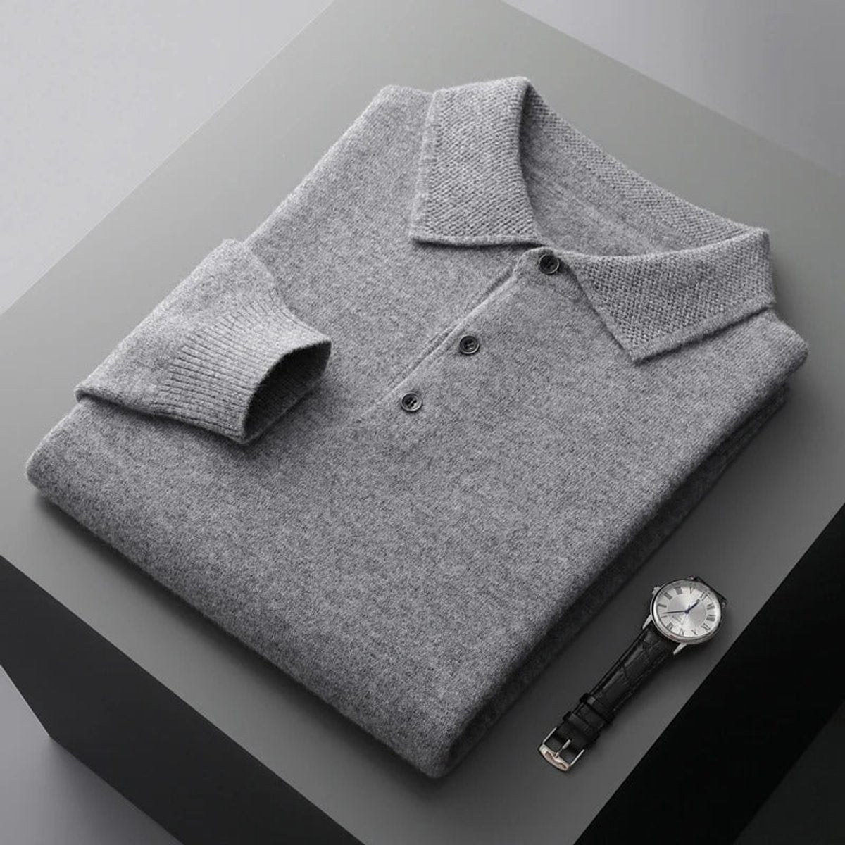Men's Long-Sleeve Cashmere Jumper with Button-Down Polo Collar
