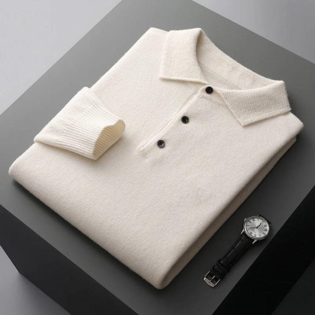 Men's Long-Sleeve Cashmere Jumper with Button-Down Polo Collar