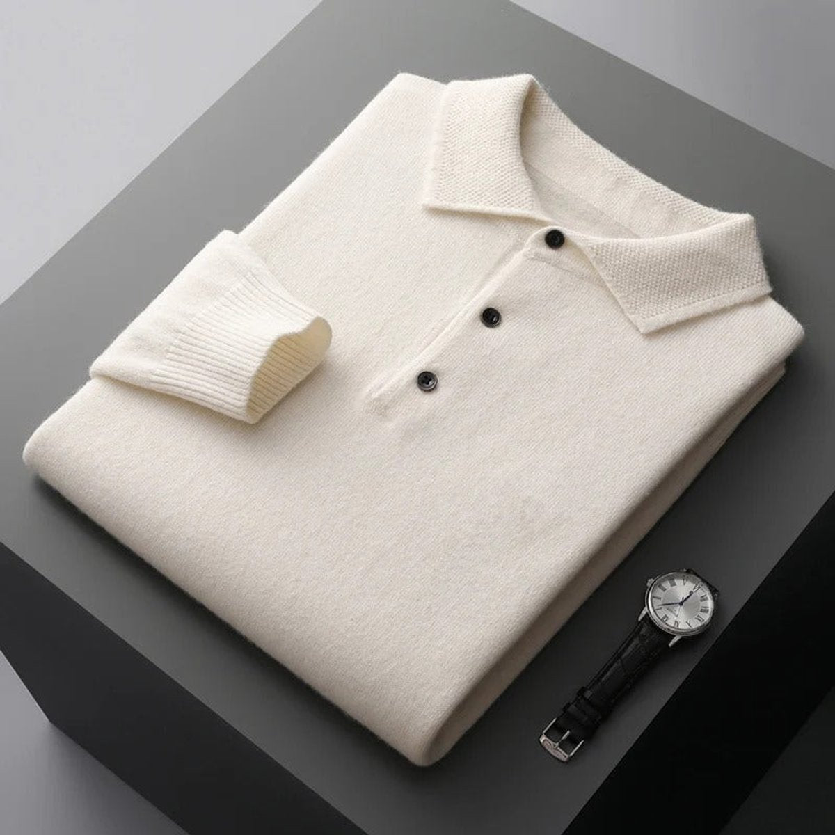 Men's Long-Sleeve Cashmere Jumper with Button-Down Polo Collar