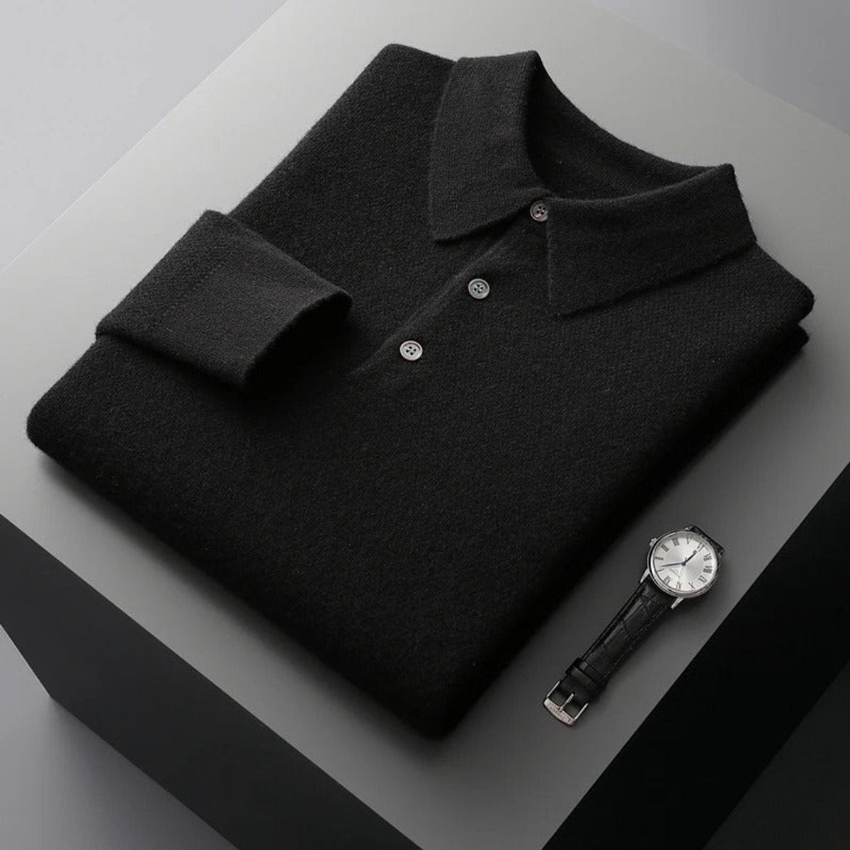 Men's Long-Sleeve Cashmere Jumper with Button-Down Polo Collar