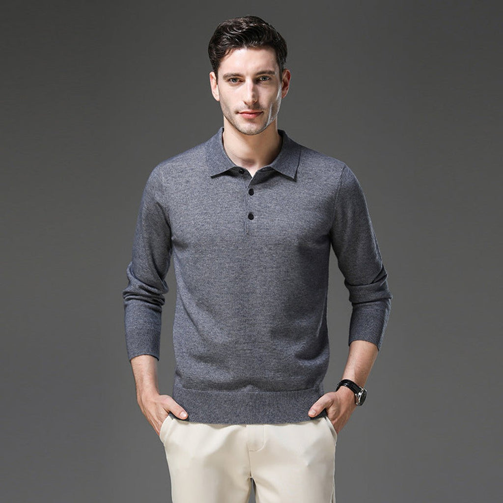 Men's Long-Sleeve Cashmere Jumper with Button-Down Polo Collar