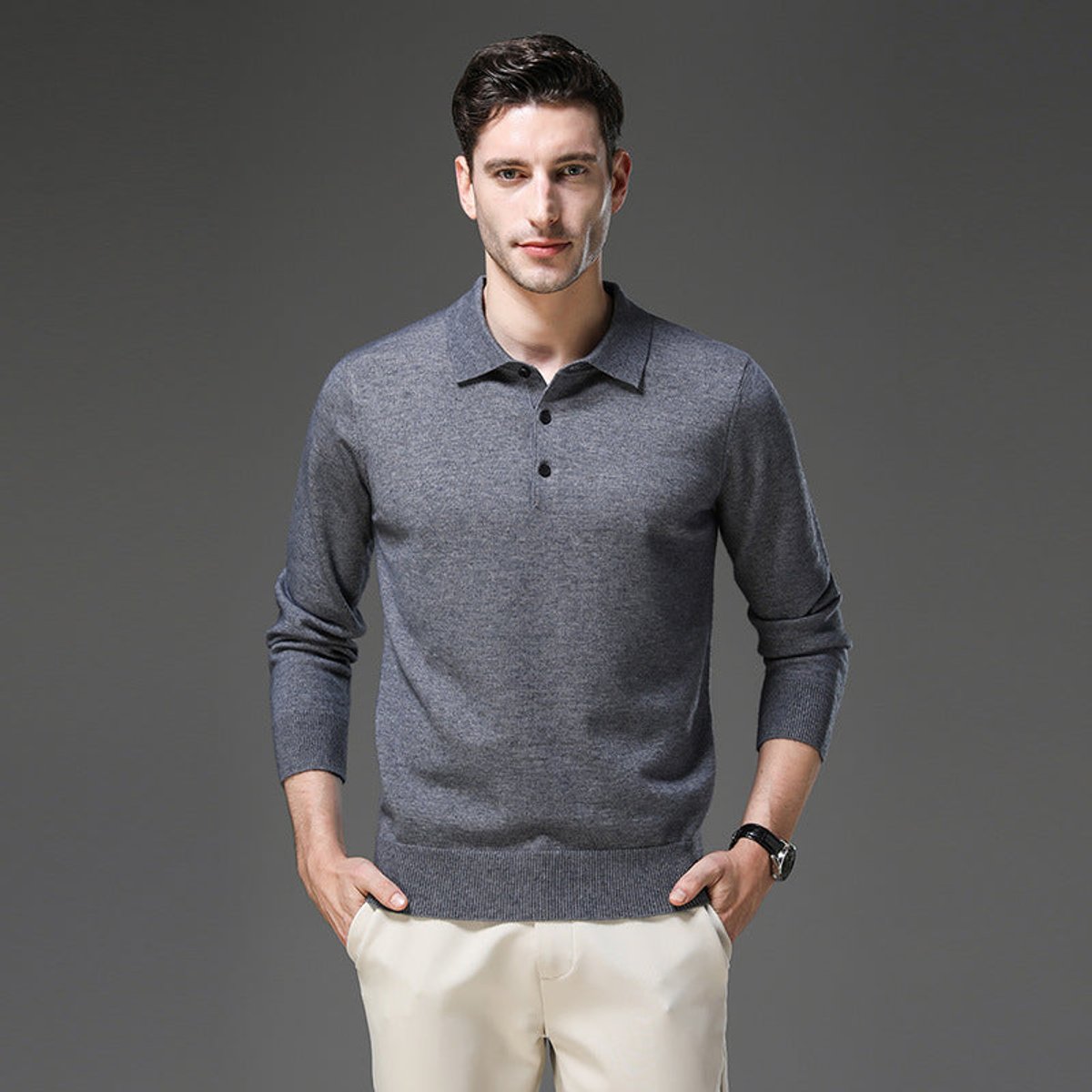 Men's Long-Sleeve Cashmere Jumper with Button-Down Polo Collar