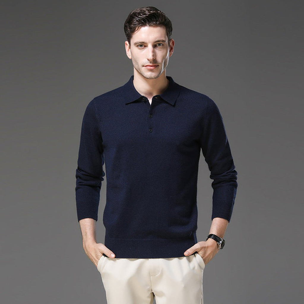 Men's Long-Sleeve Cashmere Jumper with Button-Down Polo Collar