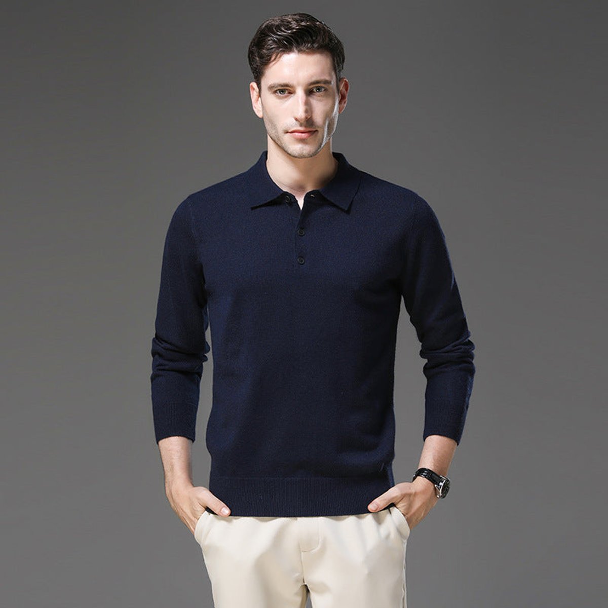 Men's Long-Sleeve Cashmere Jumper with Button-Down Polo Collar