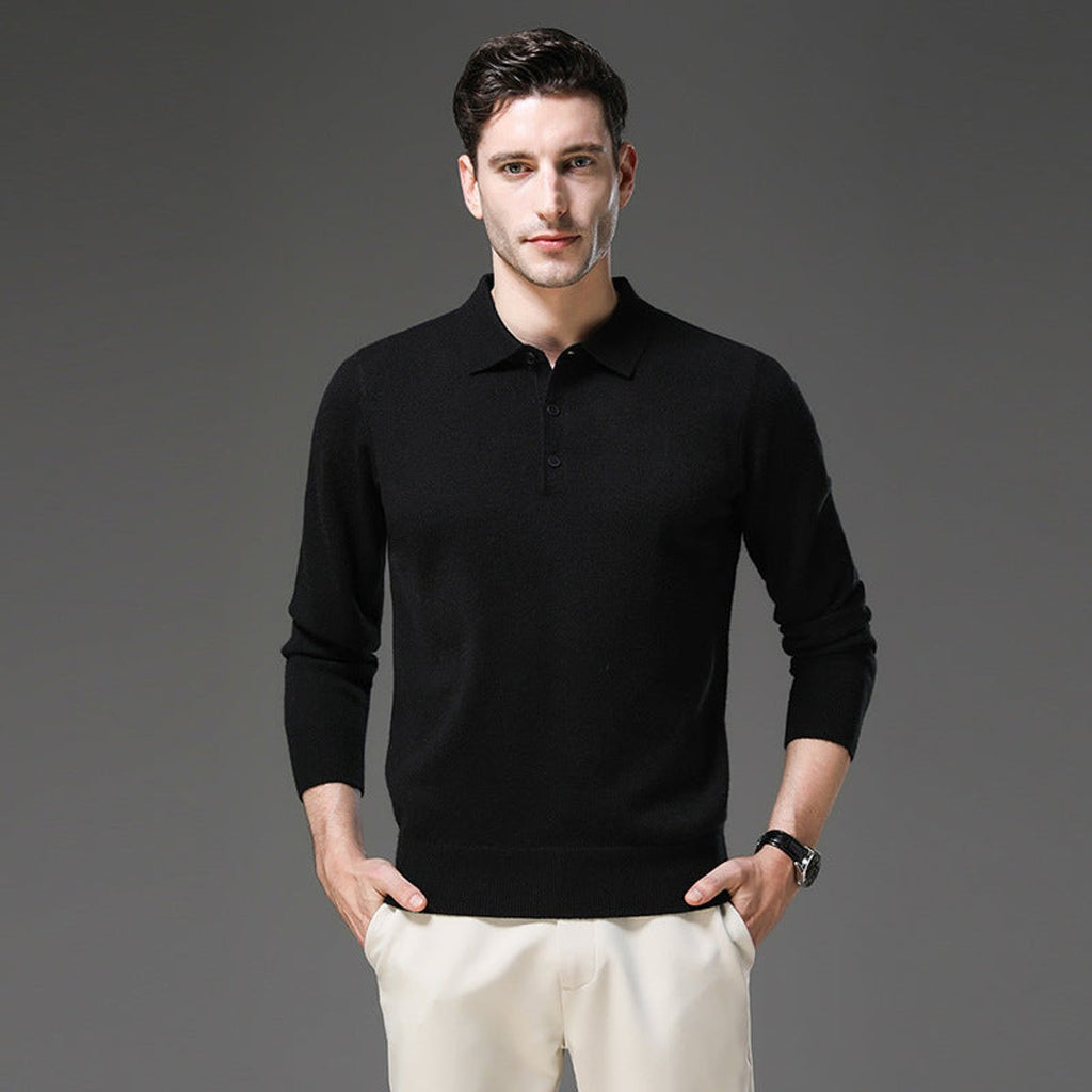 Men's Long-Sleeve Cashmere Jumper with Button-Down Polo Collar