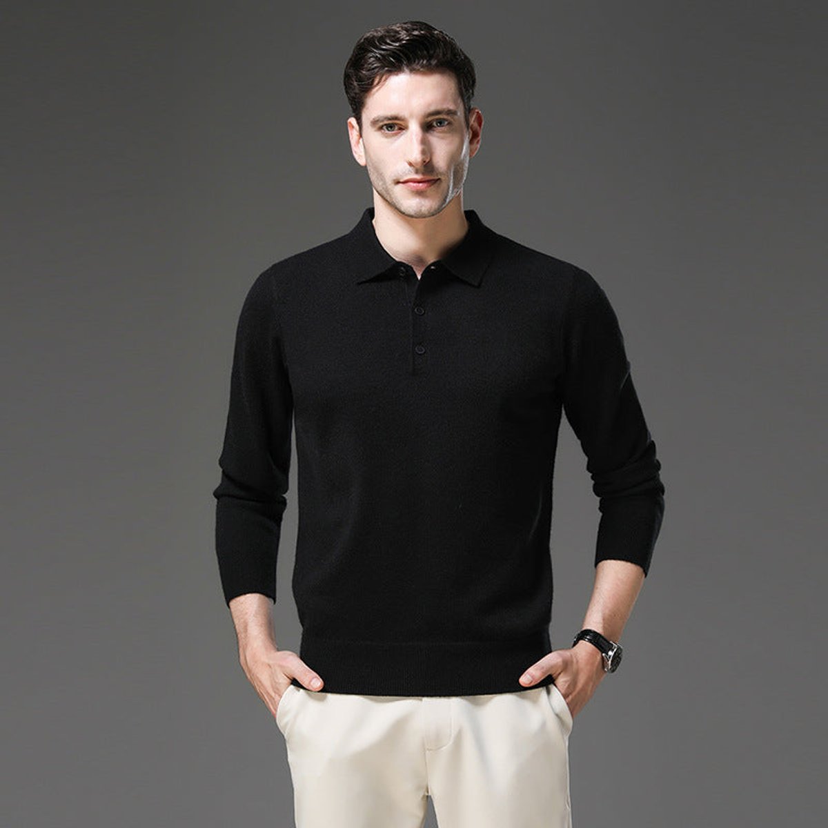 Men's Long-Sleeve Cashmere Jumper with Button-Down Polo Collar