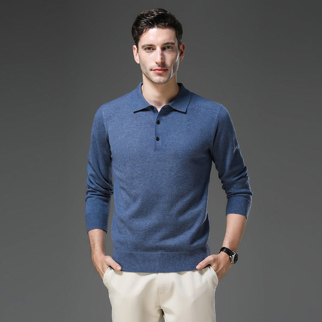 Men's Long-Sleeve Cashmere Jumper with Button-Down Polo Collar