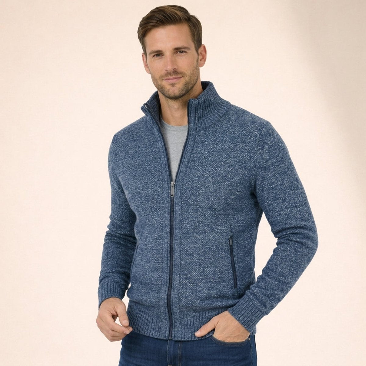 Men's Full-Zip Merino Wool Jumper with Mock Neck Collar