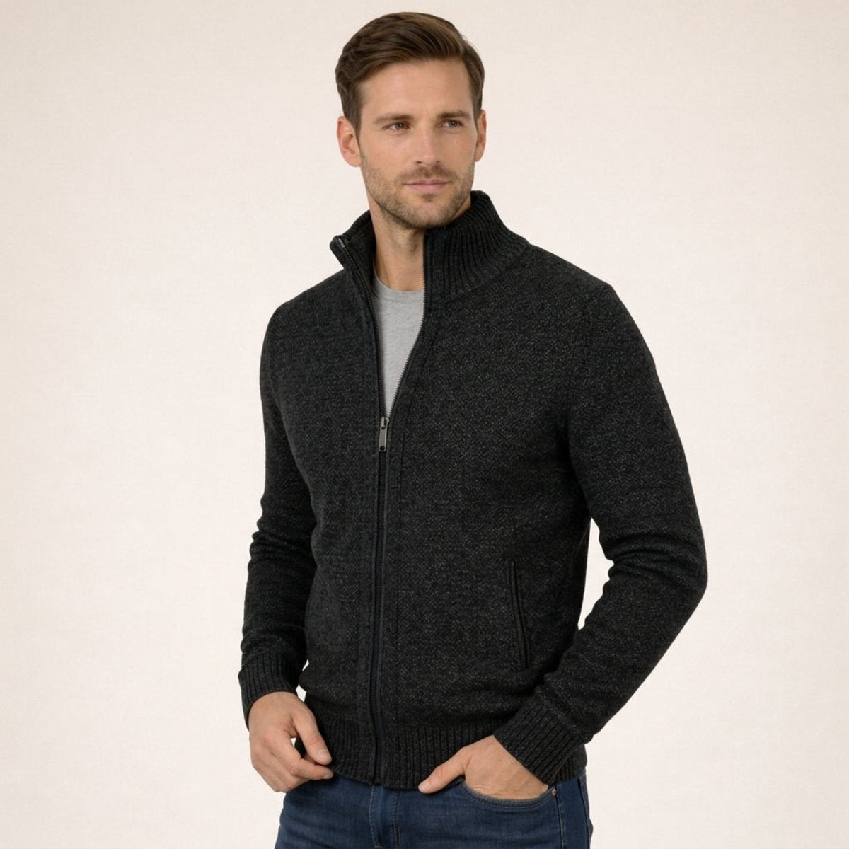 Men's Full-Zip Merino Wool Jumper with Mock Neck Collar