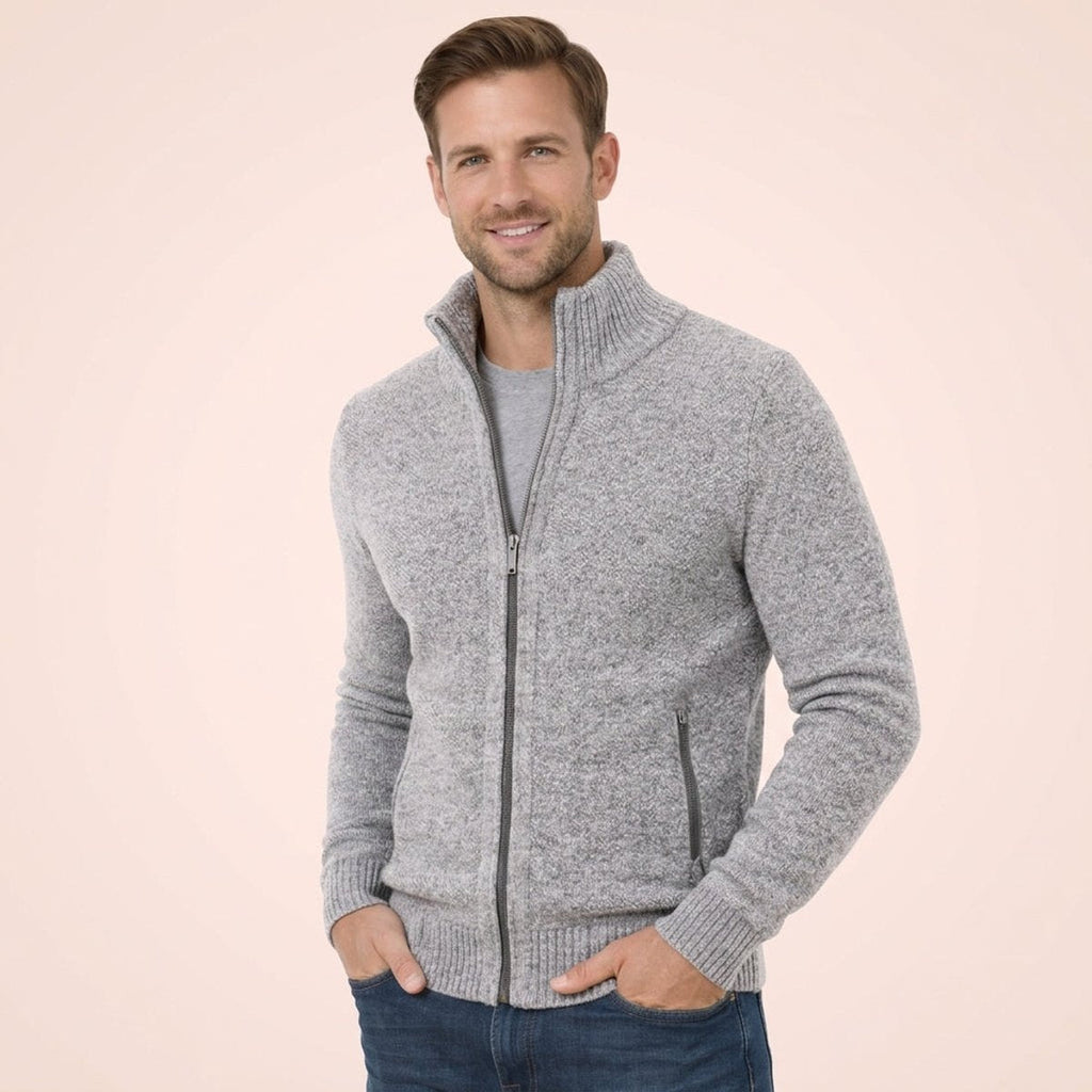 Men's Full-Zip Merino Wool Jumper with Mock Neck Collar