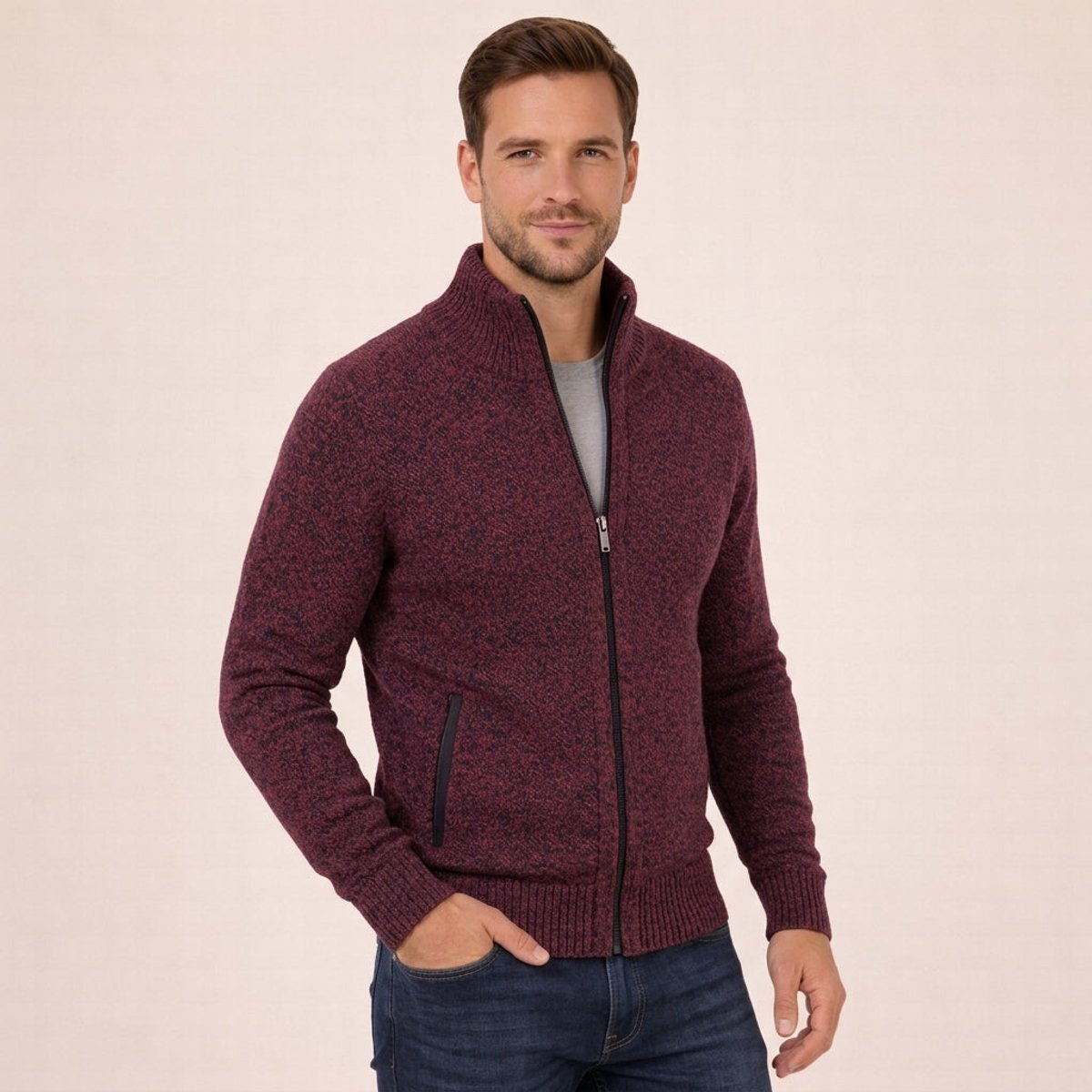 Men's Full-Zip Merino Wool Jumper with Mock Neck Collar
