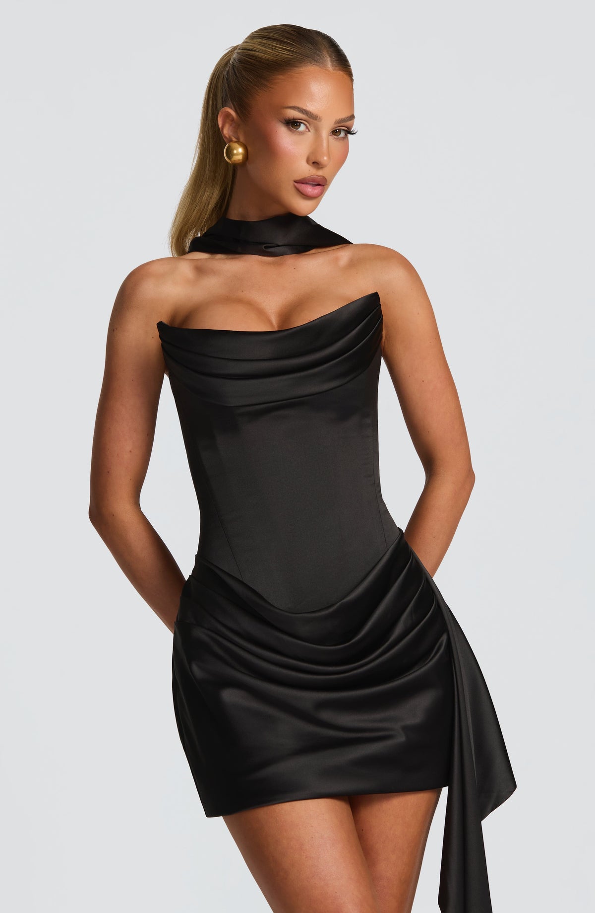 Women's Strapless Mini Dress with Scarf Neckline Detail