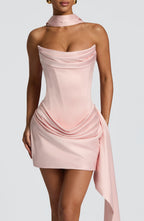 Women's Strapless Mini Dress with Scarf Neckline Detail