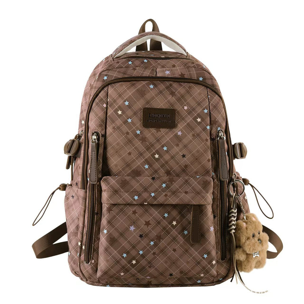 Kids' Star Print Backpack with Multiple Compartments and Plush Keychain