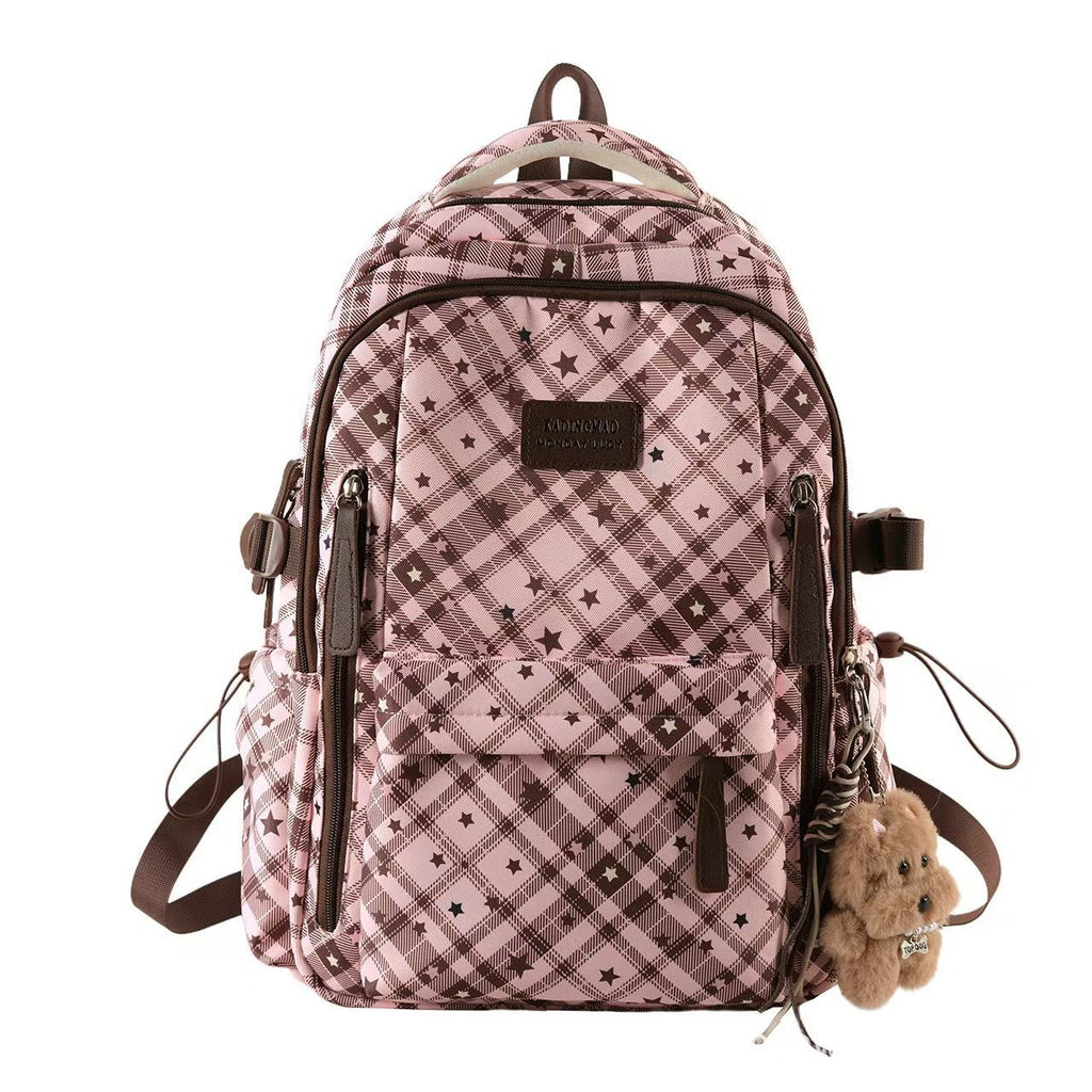 Kids' Star Print Backpack with Multiple Compartments and Plush Keychain