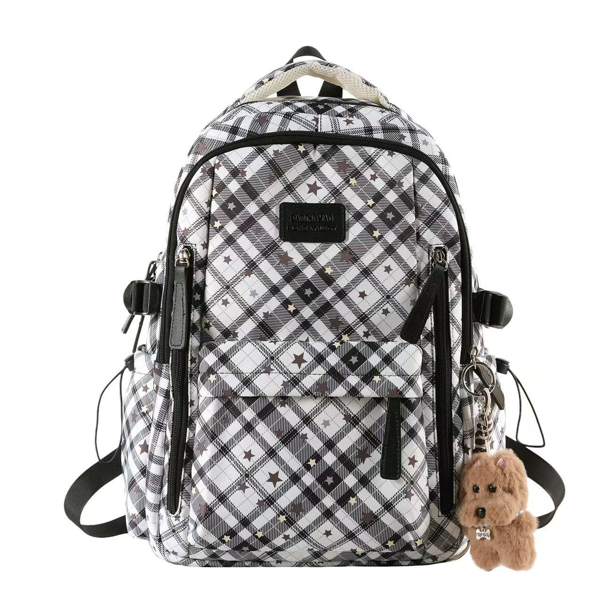 Kids' Star Print Backpack with Multiple Compartments and Plush Keychain