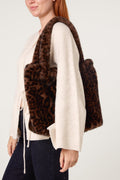Leopard Print Fuzzy Tote Bag - Faux Fur Animal Print, Set of 2