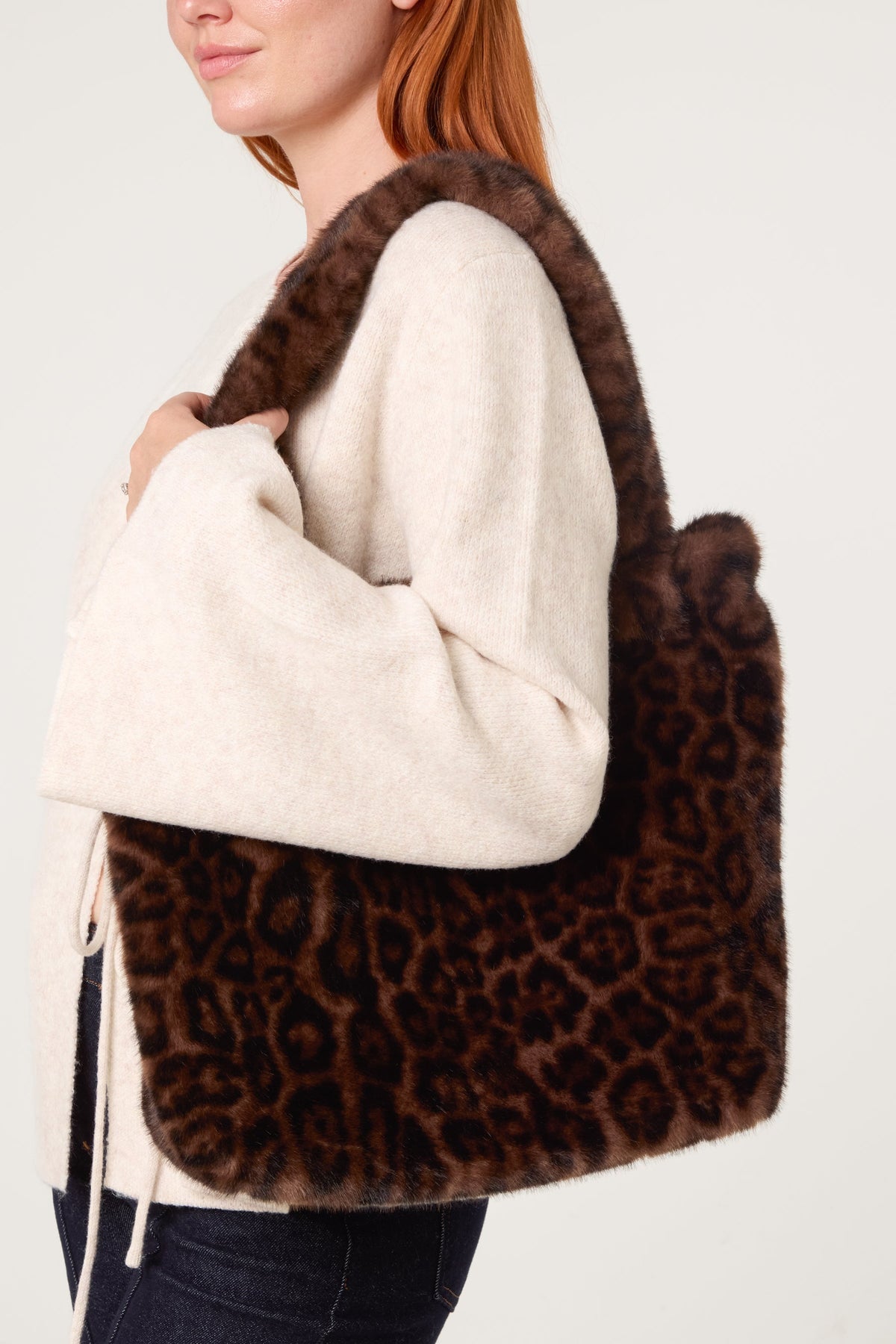 Leopard Print Fuzzy Tote Bag - Faux Fur Animal Print, Set of 2