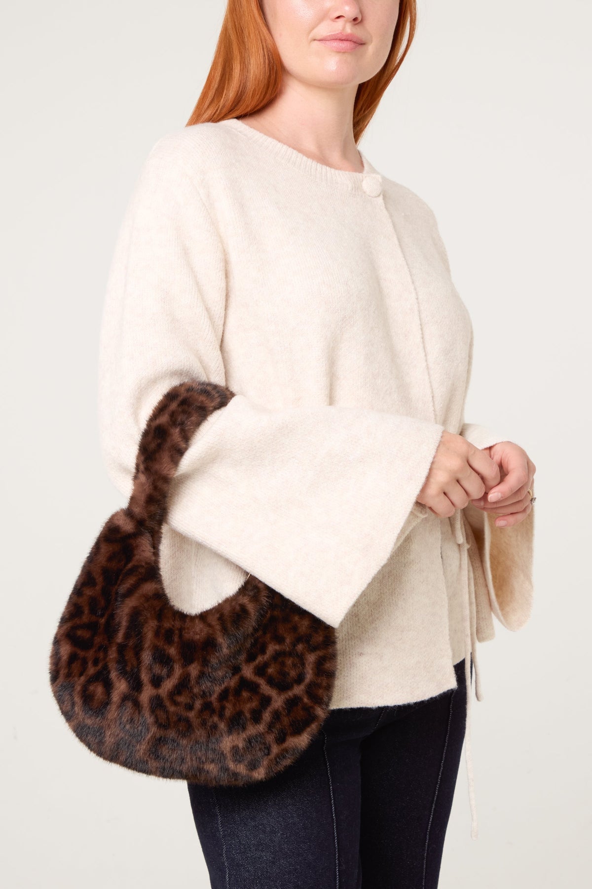 Women's Fuzzy Shoulder Bag with Leopard Print Design