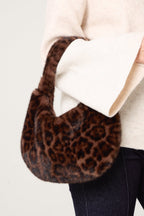 Women's Fuzzy Shoulder Bag with Leopard Print Design