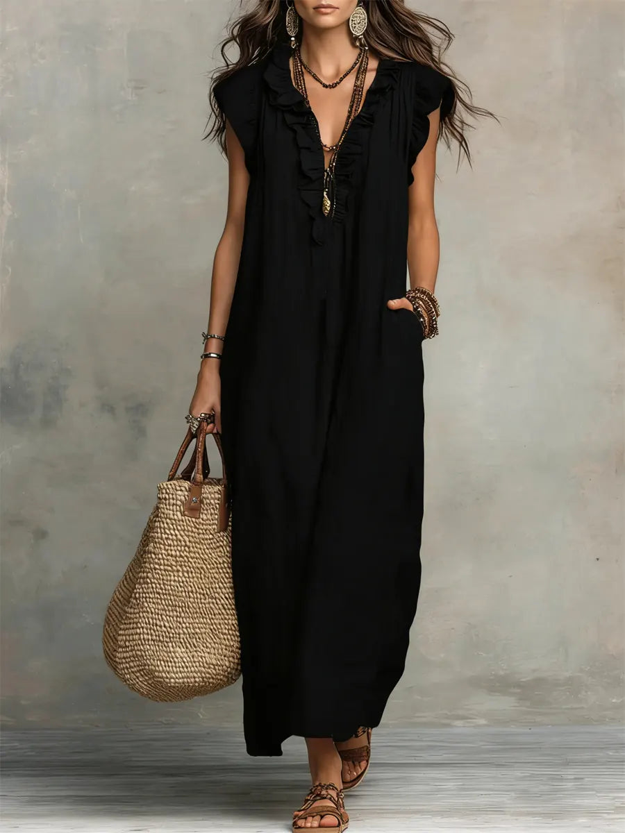 Women's Maxi Dress - Flowing Linen-Cotton Blend with Ruffle Detail