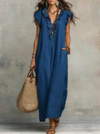 Women's Maxi Dress - Flowing Linen-Cotton Blend with Ruffle Detail