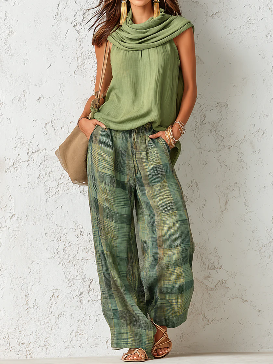 Women's Two-Piece Set Blouse and Wide Leg Trousers – Green
