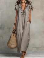 Women's Maxi Dress - Flowing Linen-Cotton Blend with Ruffle Detail
