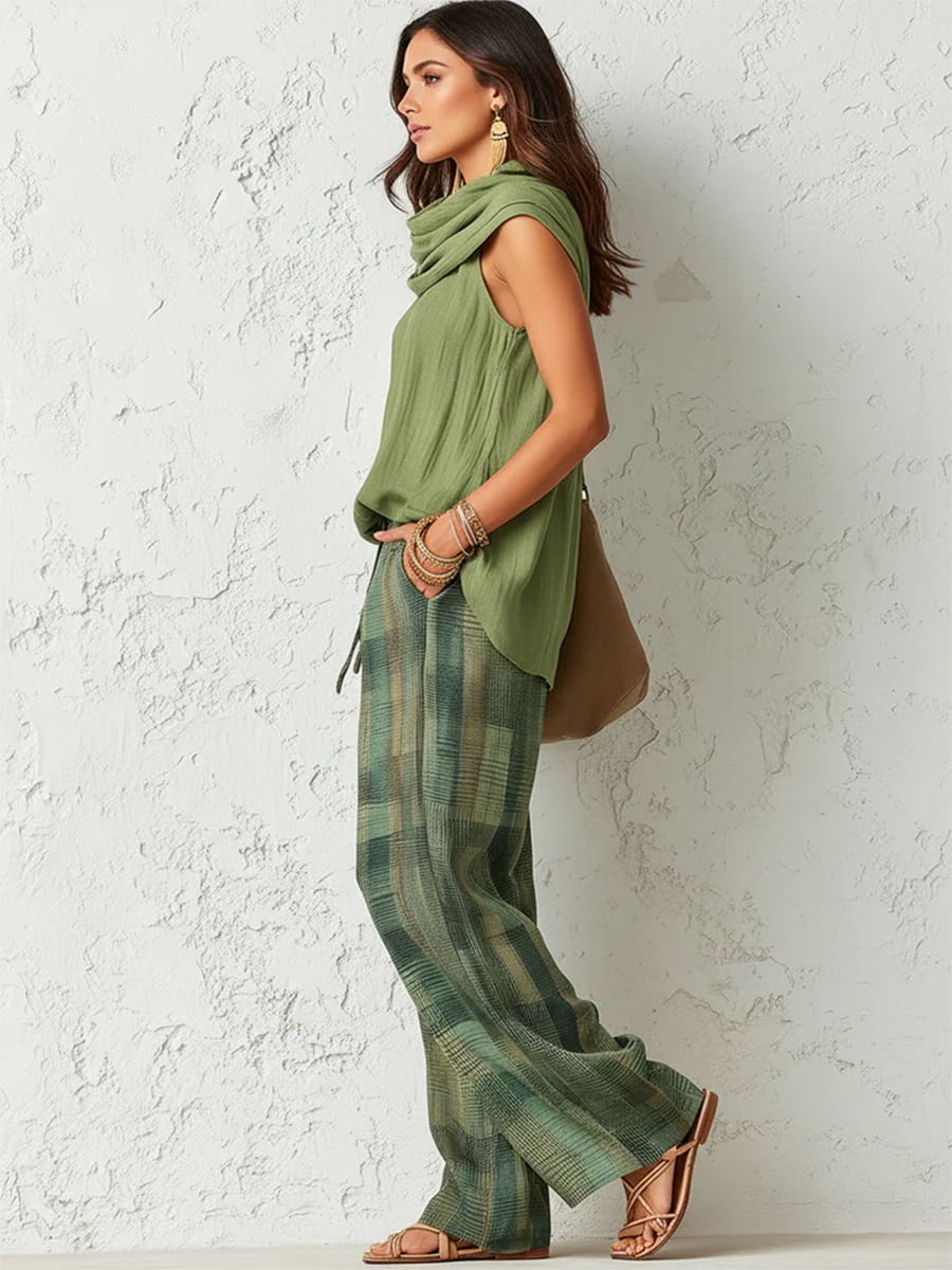 Women's Two-Piece Set Blouse and Wide Leg Trousers – Green