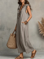 Women's Maxi Dress - Flowing Linen-Cotton Blend with Ruffle Detail