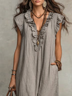 Women's Maxi Dress - Flowing Linen-Cotton Blend with Ruffle Detail