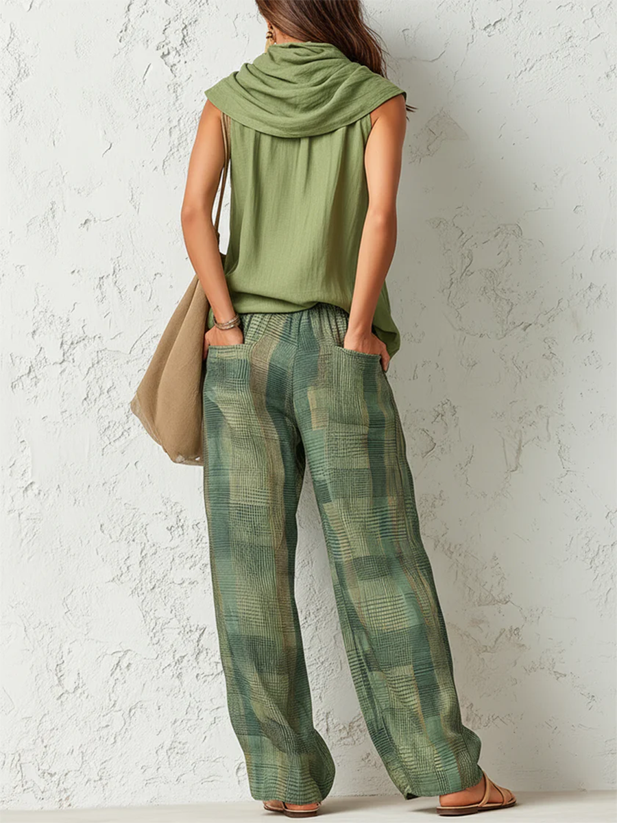 Women's Two-Piece Set Blouse and Wide Leg Trousers – Green