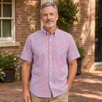 Red and Navy Tattersall Short Sleeve Oxford Shirt Front View — view 10