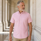 Red and White Bengal Stripe Short Sleeve Oxford Shirt Front View — view 13