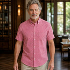 Red Micro Gingham Short Sleeve Oxford Shirt Front View — view 17