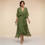 Women's V-Neck Wrap Midi Dress with Tie Waist