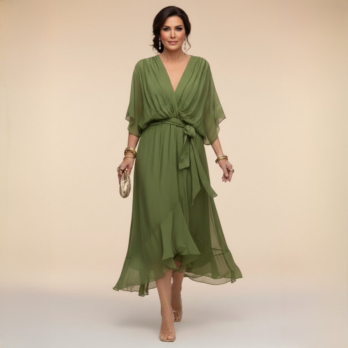 Women's V-Neck Wrap Midi Dress with Tie Waist