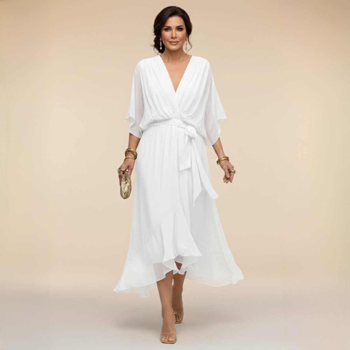 Women's V-Neck Wrap Midi Dress with Tie Waist