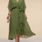 Women's V-Neck Wrap Midi Dress with Tie Waist