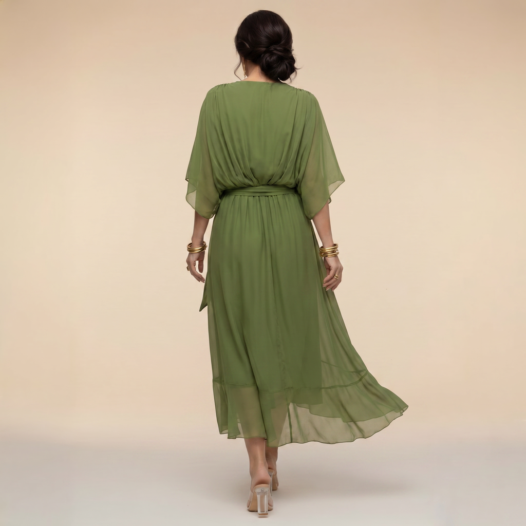 Women's V-Neck Wrap Midi Dress with Tie Waist