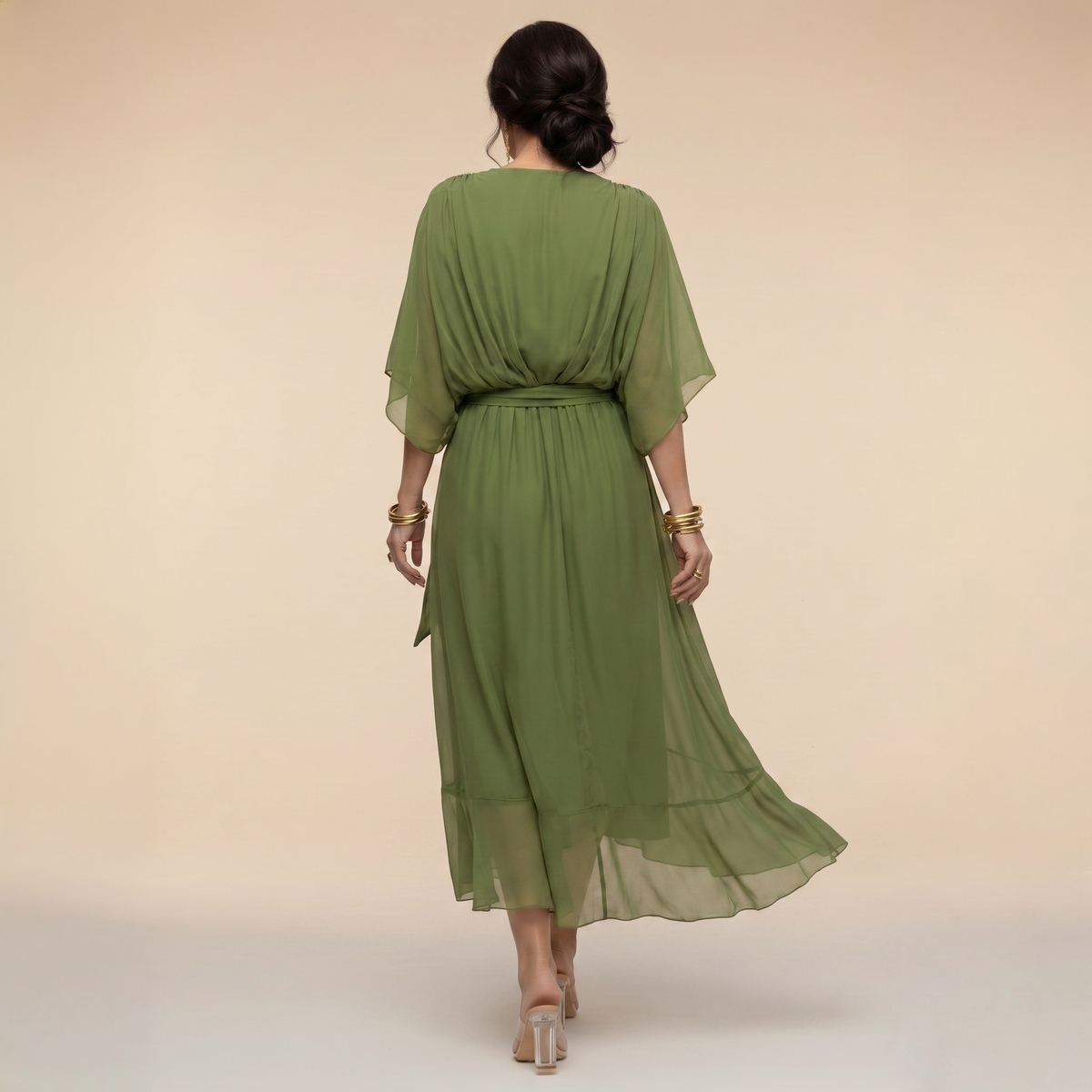 Women's V-Neck Wrap Midi Dress with Tie Waist