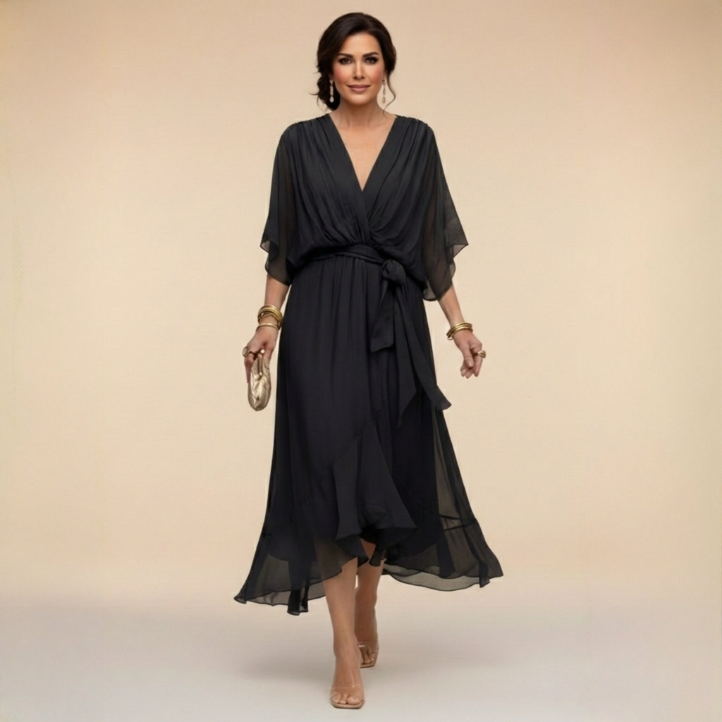 Women's V-Neck Wrap Midi Dress with Tie Waist